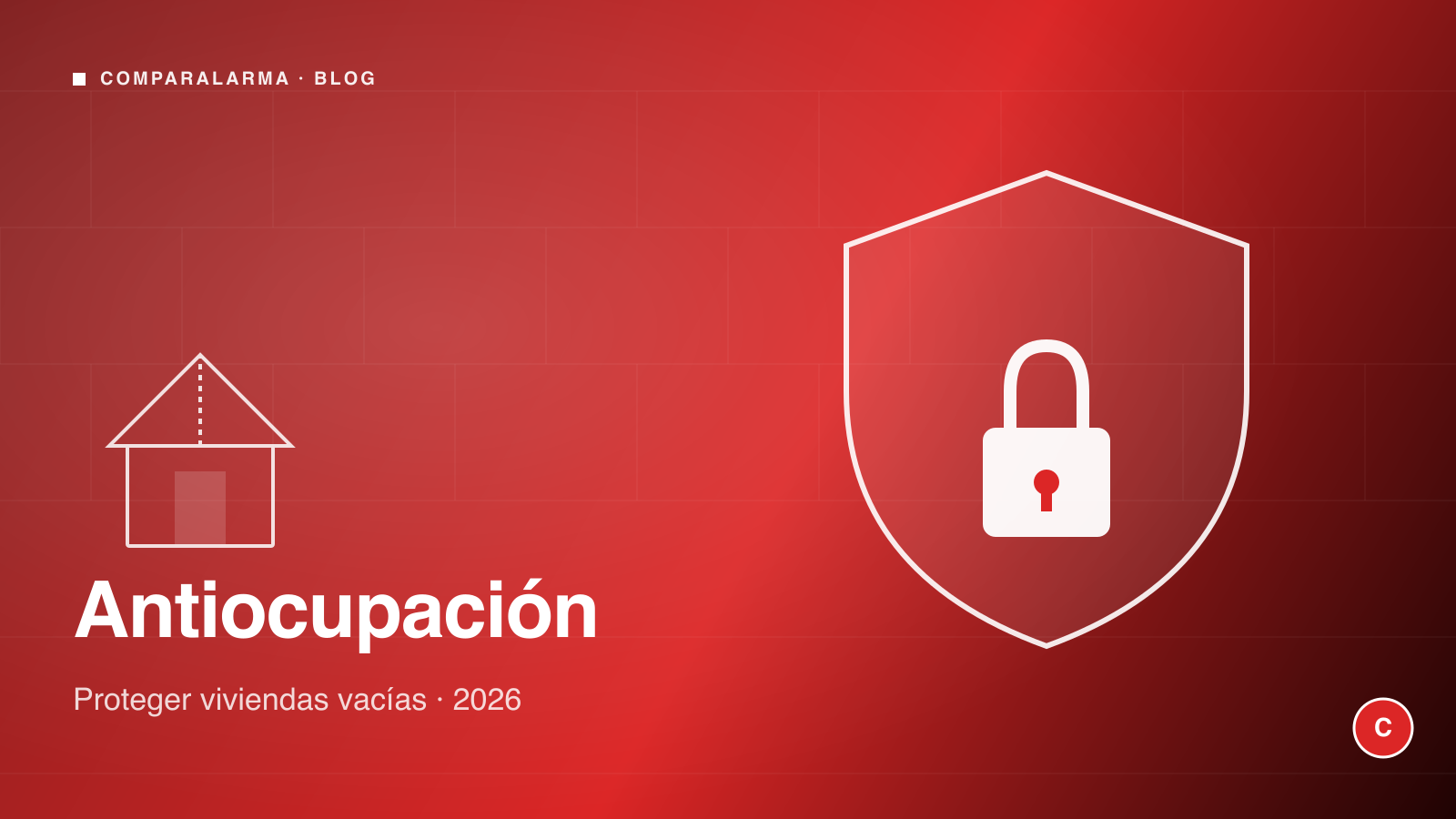 Escudo con candado sobre fondo rojo brand Comparalarma, símbolo de protección antiocupación